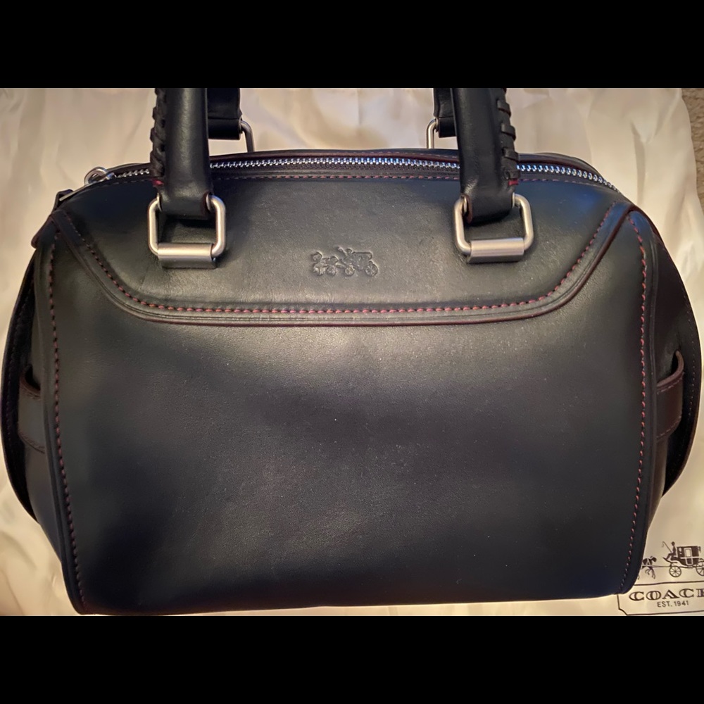 Authentic Coach Ace Satchel in Black/Burg stitch.